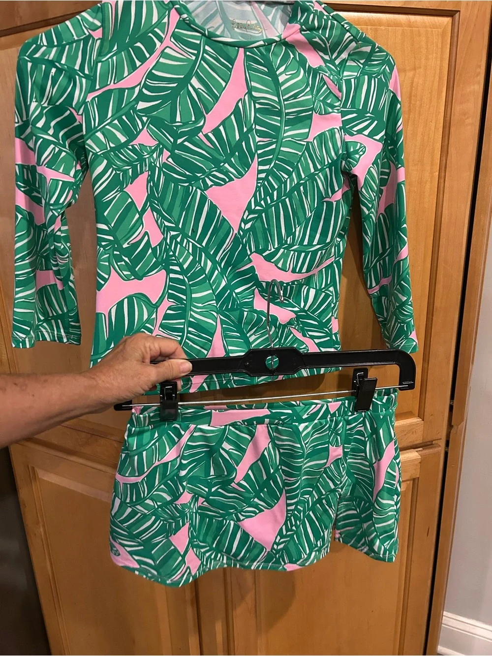 Lilly Pulitzer Green and Pink Tropical Leaf Rash Guard Skirt Swimsuit Set